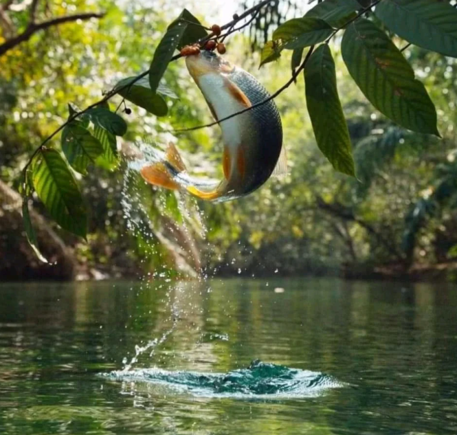 Peixes se alimentando de frutos perdurado em galhos próximos da água do rio